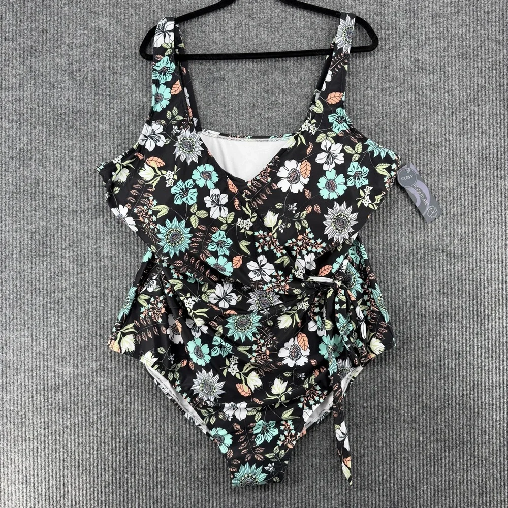 NWT Plus Size Floral Wrap‎ One Piece Swimsuit Ruffle Tummy Control 3X